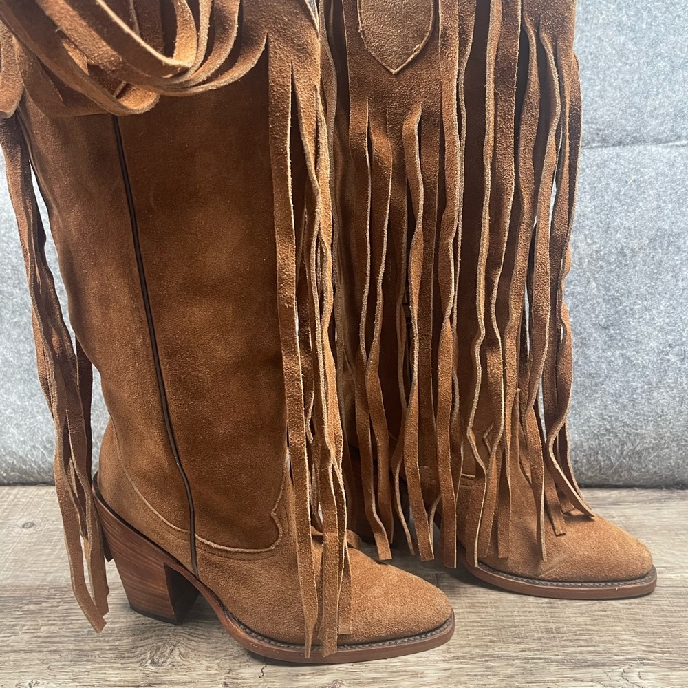 Brother Brown Suede Fringe Heeled Boots - Picture 6 of 14